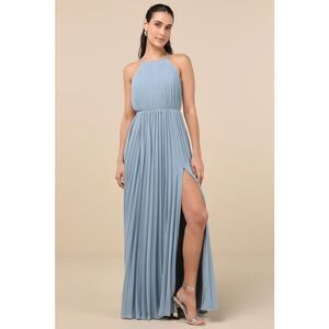 Lulus Rylie Slate Blue Pleated Backless Maxi Dress Size M NWT